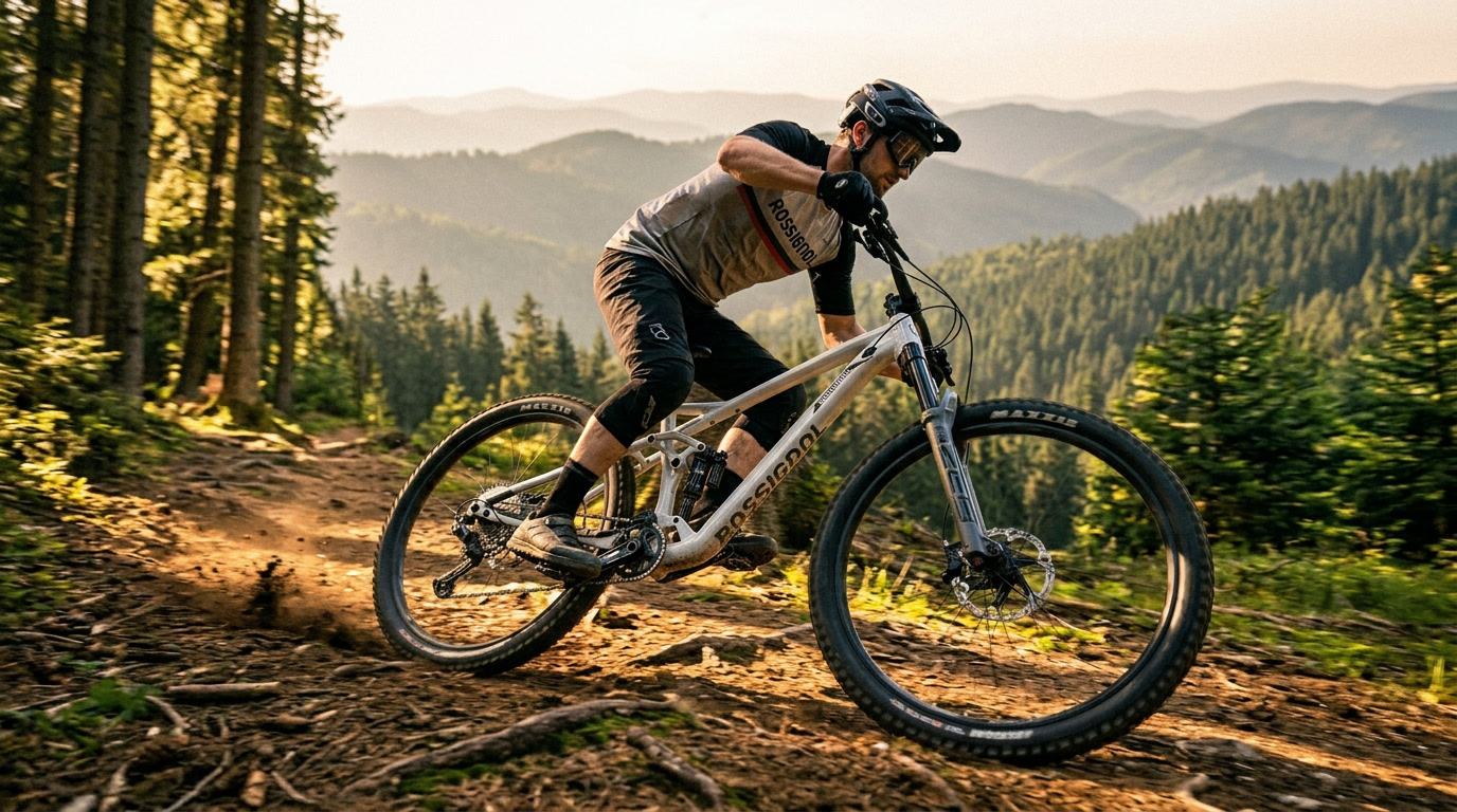 Ciclist pe bicicletă Rossignol full-suspension deasupra Poienii Brașov, la apus